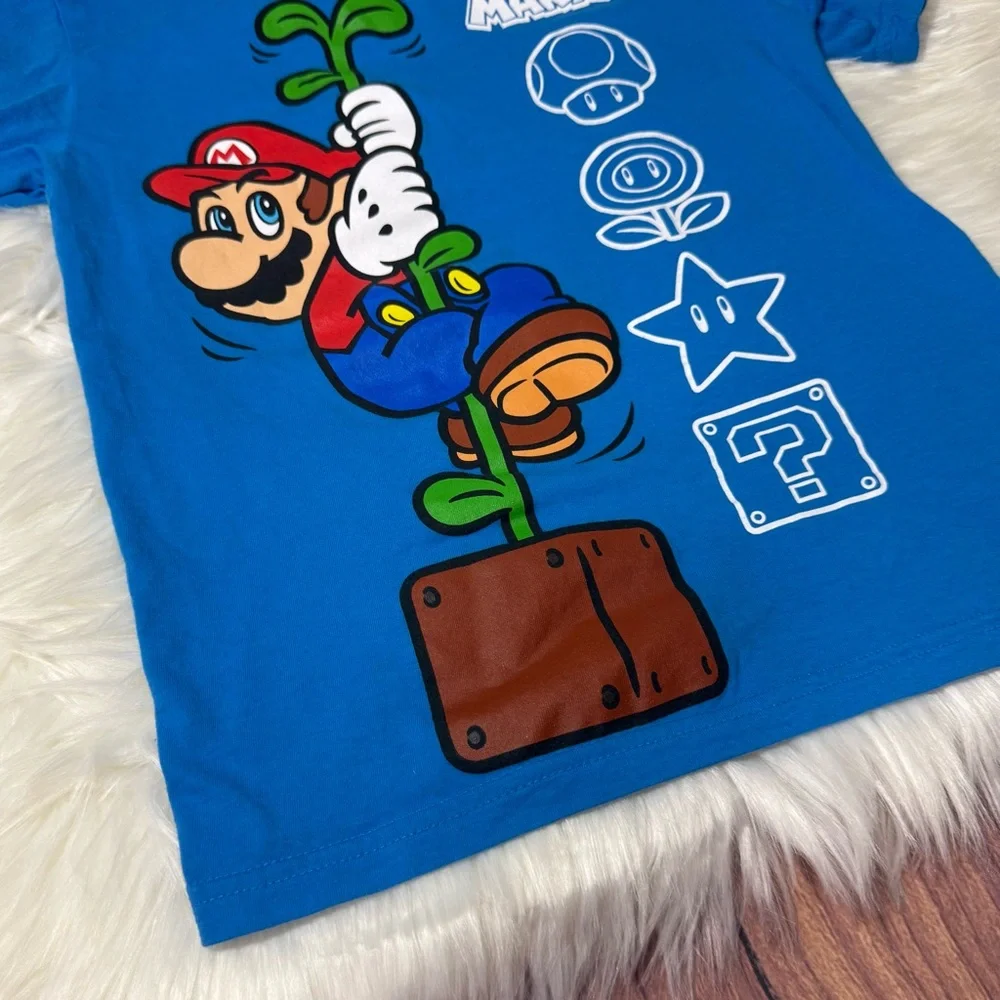 Nintendo Super Mario Youth Boy Size 7 Blue Graphic Short Sleeve Shirt